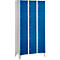 Cabinet with blue doors, white frames, and feet. Each door has a silver handle.