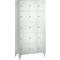 White cabinet with 15 doors, on legs. Each door has a small knob.
