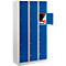 Blue and white locker with open door; books and drinks inside.