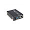 Schwarzer Media Converter 10/100Base-Tx zu 100Base-Fx mit SFP-Slot, RJ45-Port und Status-LEDs auf weißem Hintergrund.