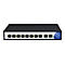 Schwarzer 10-Port PoE-Netzwerk-Switch mit Ethernet-Anschlüssen vor weißem Hintergrund.