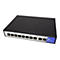 Schwarzer 10-Port PoE-Netzwerk-Switch mit blauen Akzenten und zehn RJ45-Anschlüssen vor weißem Hintergrund.