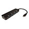 Schwarzer USB-C-Hub mit vier USB-A-Anschlüssen und einem USB-C-Anschluss vor weißem Hintergrund.