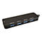 Schwarzer USB-Hub mit vier USB-3.0-Anschlüssen und einem PD-Port vor weißem Hintergrund.