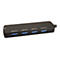 Schwarzer USB-3.0-Hub mit vier Ports vor weißem Hintergrund.