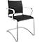 Black cantilever chair with chrome frame. Seat and backrest padded and with horizontal stripes.
