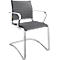 Gray cantilever conference chair with armrests, chrome frame, and ribbed backrest.