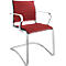 Red chair with chrome frame, armrests and horizontal stitching in the backrest.