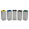 Cinq conteneurs à déchets en ligne. Chaque conteneur a une couleur de couvercle différente : jaune, bleu, noir, marron et vert.