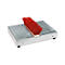 Metal doormat with brush. Red brush head, metal frame, in gray, standing on black feet.
