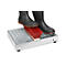 Black rubber boots clean their soles with a red-bristled shoe brush on a metal shoe scraper.