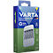 VARTA-Akkuladegerät mit vier Akkus, Box mit Logo, Recycling-Hinweis.