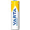 A Varta AA battery with a yellow top, white body, and blue lettering.