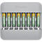 Grey charging station with seven inserted batteries. The batteries have green and gold colors, the charging station shows green lights.
