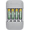 Gray battery charger with four yellow-green batteries and VARTA logo.
