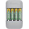 Grey battery charger with four AA batteries from VARTA. The batteries are in the charger; green lights are on below.