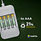Grey charger with four AAA batteries. Inscription: 4x AAA, 21% recycled. Logo of Varta.