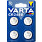 Blisterpackung mit vier Lithium-Knopfzellen, Marke VARTA, Modell CR2450. Aufschrift: Lithium, Kindersicherheit.