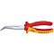 Curved pliers with red and yellow handles. Printed lettering.