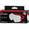 Veiligheidsbril en verpakking, met rode band. Opschrift: 3M SAFETY GOGGLE. Helder lensontwerp, afbeelding van een persoon met bril.