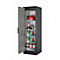 Grijze kast, deur open, gevuld met blikken, containers en een rode fles.