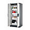 Open, grijze stalen kast, met witte laden binnenin, gevuld met diverse containers en objecten.