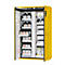 Gele chemische kast, open. Schappen gevuld met flessen en canisters.