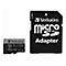 Une carte Micro SD noire et un adaptateur de Verbatim, la carte a des lettres blanches.