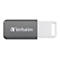 Grauer Verbatim USB-Stick mit weißer Schutzkappe und Öse auf weißem Hintergrund.