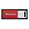 Roter Verbatim USB-Stick mit weißem, ausziehbarem Steckergehäuse vor schwarzem Hintergrund.