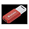 Roter Verbatim USB-Stick mit weißer Kappe und Öse vor schwarzem Hintergrund.