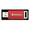 Roter Verbatim USB-Stick vor schwarzem Hintergrund.