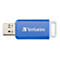 Blauer USB-Stick der Marke Verbatim mit weißer Öse vor weißem Hintergrund.