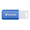 Blauer USB-Stick der Marke Verbatim mit weißer Schutzkappe und Öffnung für Schlüsselanhänger.