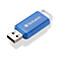 Blauer USB-Stick der Marke Verbatim mit weißer Öse vor weißem Hintergrund.