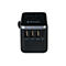Schwarzer Verbatim Reiseadapter mit drei USB-A- und einem USB-C-Anschluss vor neutralem Hintergrund.