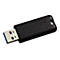 Schwarzer USB-Stick mit Verbatim-Logo. Auf weißem Hintergrund. USB-Anschluss silberfarben.