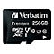 Schwarze Micro-SD-Karte mit weißem 'Verbatim'-Logo, 'Premium 256GB' und weiteren Kennzeichnungen.