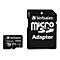 Schwarze Micro-SD-Karte und Adapter von Verbatim. Aufschrift: Micro SD Adapter, 256GB.