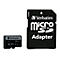 Eine schwarze Micro-SD-Karte und ein Adapter mit weißer Schrift. Auf der Karte steht "Verbatim", "micro SD Adapter" und "128GB".