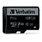 Schwarze microSD-Karte mit dem Logo "Verbatim". Aufschrift "Pro", "128 GB", "V30", "XC I".