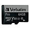 Schwarze MicroSD-Karte von Verbatim. Aufschrift: "Verbatim Pro 64GB micro SDXC I V30 U3 10".