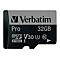 Eine schwarze Verbatim Pro microSD-Karte, 32 GB, mit weißem Text. Das SD-Kartenlogo ist unten links.