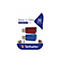Deux clés USB rouges et bleues dans l'emballage. Texte: Store 'n' Click, 32 Go/Go, Verbatim.