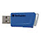 Clé USB bleue avec logo Verbatim. Le connecteur USB est argenté, le boîtier de protection est bleu et gris.