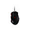 Souris de jeu noire avec des accents rouges. Des Ã©lÃ©ments d'Ã©clairage bleus et un cordon sont visibles.