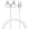 Weißes Ladekabel mit austauschbaren Steckern für Lightning, USB-C und Micro-USB vor weißem Hintergrund.