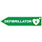 Verkeersbord defibrillator AED-locatie, pijlvorm, naar links wijzend, lichtdoorlatend, weerbestendig, Dibond-print, L 600 x H 150 mm, groen-wit