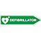 Verkeersbord defibrillator AED locatie, pijlvorm, wijst naar rechts, fotoluminescent, weerbestendig, Dibond print, L 600 x H 150 mm, groen-wit
