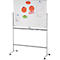 Een mobiel whiteboard met penhouder, beschreven met aantekeningen en diagrammen, op wielen.